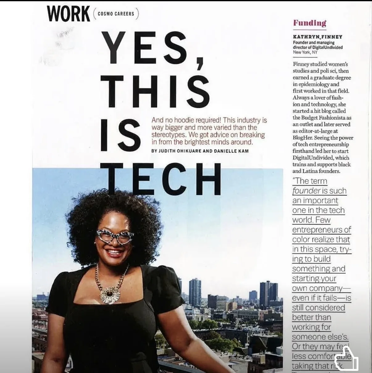Kathryn Finney featured in Cosmopolitan magazine, Yes, This Is Tech