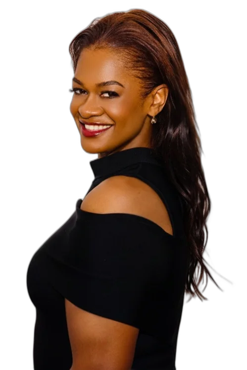 Editorial portrait of Kathryn Finney smiling, wearing a black cut-out top, hair styled long over one shoulder