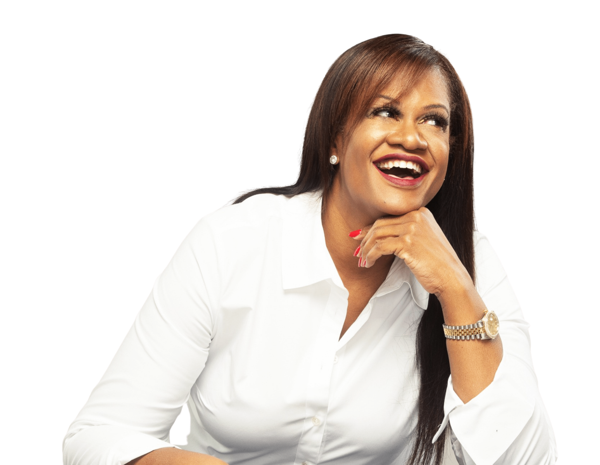 Portrait of Kathryn Finney, innovator, investor, author, and speaker, smiling warmly in a crisp white blouse against a soft, light background.